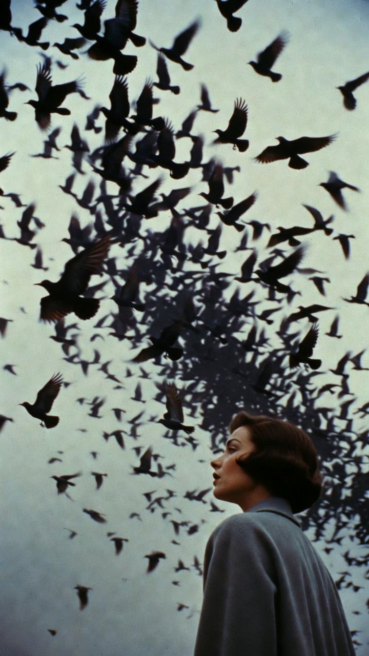 hitchcock style woman and black birds