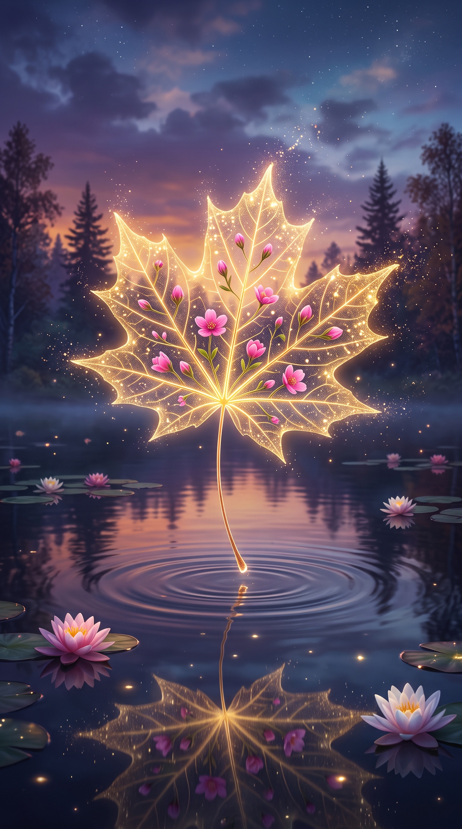 glowing maple leaf over dark water