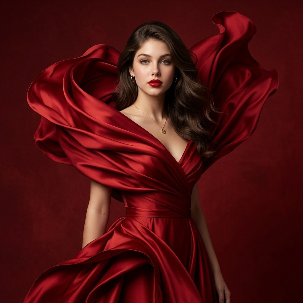 luxury crimson silk gown portrait